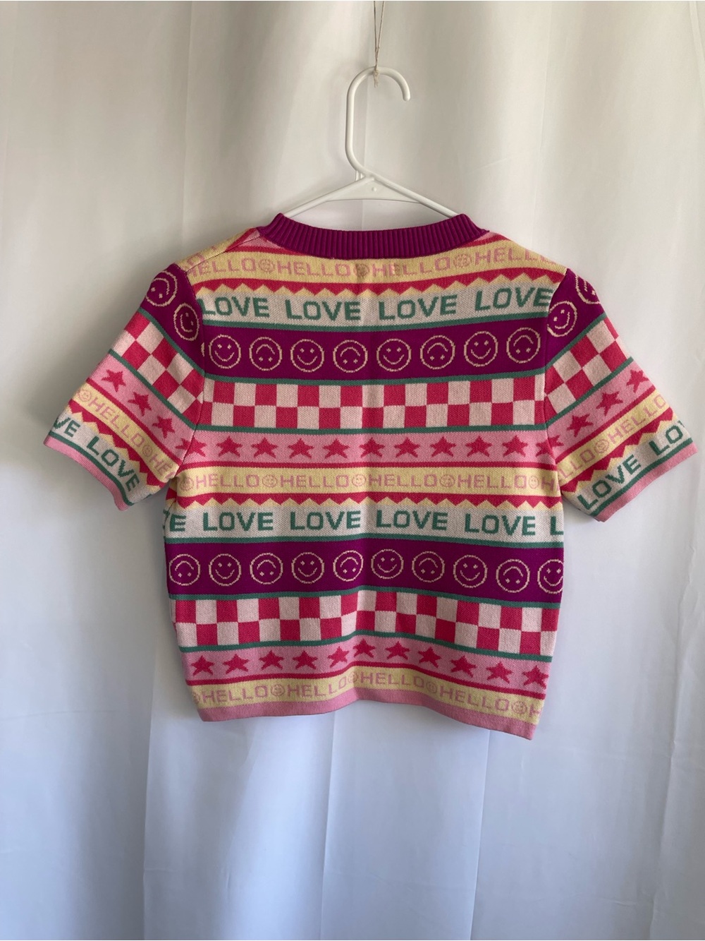 debut Pink Magenta Teal LOVE Pattern Short Sleeve Knit Top - Picture 6 of 6